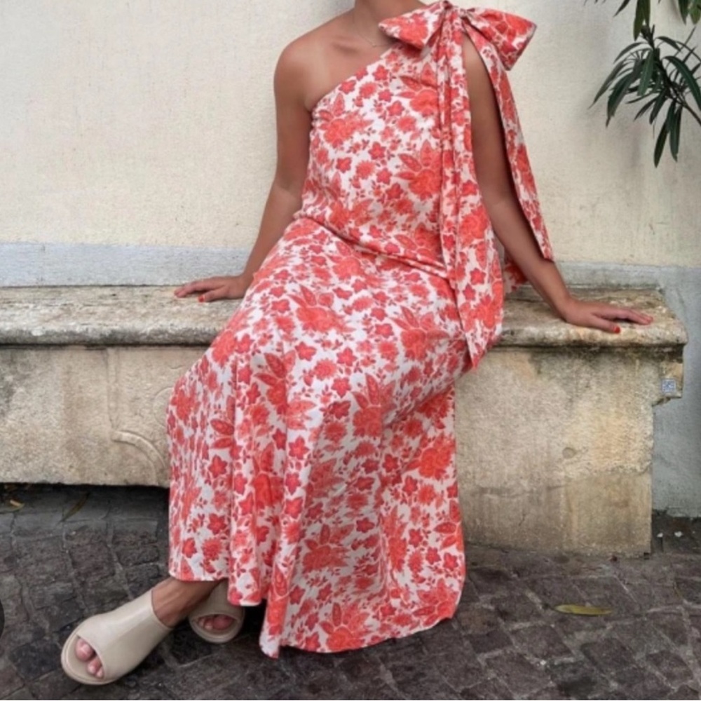 Sezane Teva Floral One-Shoulder Dress 44 US 12 France Coral Cream Maxi Vacation - Picture 6 of 16